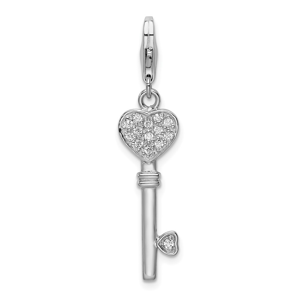 925 Sterling Silver Polished Clear Cz Heart Top Key Bracelet Charm Lobster Clasp